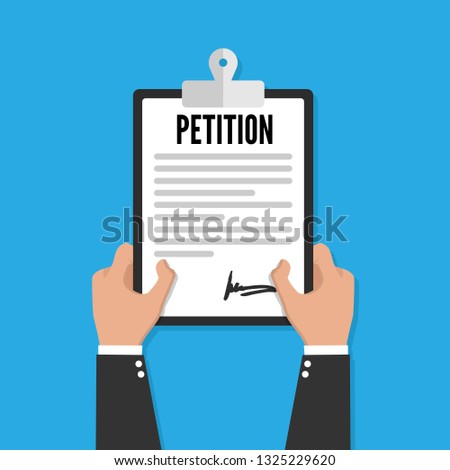 Petition clipboard in hand. Flat design, vector