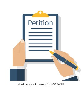 Petition concept. Businessman holding clipboard in hand writes petition. Isolated icon on white background. Vector illustration flat design.