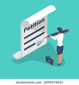 Petition concept. Businesswoman writes petition. Signature on the document. Big pen in a woman's hands. Isolated icon on white background. Vector illustration isometric 3d design.