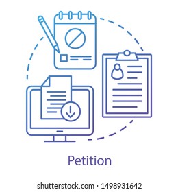 Petition Concept Icon. Internet Signature Collection Idea Thin Line Illustration. Computer, Clipboard And Notepad Vector Isolated Outline Drawing. Social Protest, Public Opinion Demonstration