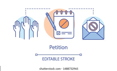 Petition concept icon. Signature collection, public opinion demonstration idea thin line illustration. Raised hands, notepad with pencil and envelope vector isolated outline drawing. Editable stroke