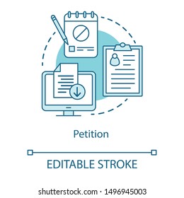 Petition concept icon. Signature collection idea thin line illustration. Computer, clipboard and notepad vector isolated outline drawing. Modern protest, public opinion demonstration. Editable stroke