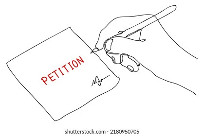 Petition. Continuous One Line drawing of hands writing message on paper sticker. Collective appeal, collection of signatures. Sketch in minimalist style. Editable hand drawn contour. Vector