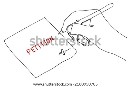 Petition. Continuous One Line drawing of hands writing message on paper sticker. Collective appeal, collection of signatures. Sketch in minimalist style. Editable hand drawn contour. Vector