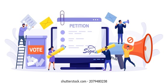 Petition form on computer screen. People signing and spreading petition or complaint. Online balloting, making choice. Paper, democracy. Collective public appeal document addressed to a government