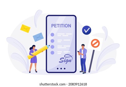 Petition form on phone screen. People signing and spreading internet petition or complaint. Online balloting, making choice. Paper, democracy. Collective public appeal document addressed to government