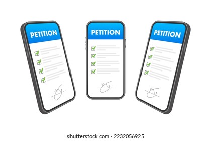 Formulario de petición en la pantalla del teléfono. Haciendo elección, democracia. Apoyo al bienestar público.
