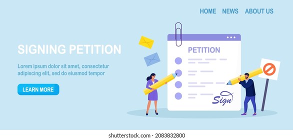 Petition form. People signing and spreading petition or complaint. Online balloting, making choice. Paper, democracy. Collective public appeal document addressed to government. Vector illustration