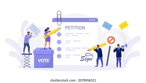 Petition form with vote box. People signing and spreading petition or complaint. Online balloting, making choice. Paper, democracy. Collective public appeal document addressed to a government