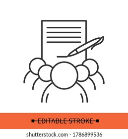 Petition icon. Signed public demand document with group of supporters linear pictogram. Concept of social activism, politics and social issue awareness. Editable stroke vector illustration