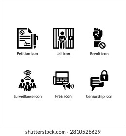 Petition, Jail, Revolt, Surveillance, Press, Censorship, icon
