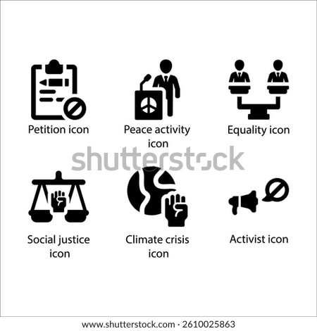 Petition, Peace activity, Equality, Social justice, Climate crisis, Activist, Black Icon Set