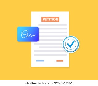 Petition signing process. Public counting of signatures concept. Written paper document signed by numerous individuals. Request to the government official or public entity flat vector illustration.