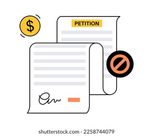 Petition signing process. Public counting of signatures concept. Written paper document signed by numerous individuals. Request to the government official or public entity flat vector illustration.