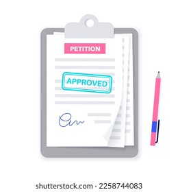 Petition signing process. Public counting of signatures concept. Written paper document signed by numerous individuals. Request to the government official or public entity flat vector illustration.