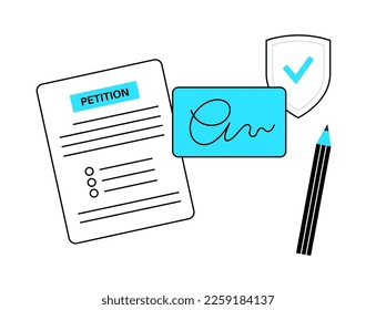 Petition signing process. Public counting of signatures concept. Written paper document signed by numerous individuals. Request to the government official or public entity flat vector illustration.