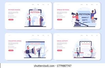 Petition web banner or landing page set. Collective public appeal document. Signing and spreading petition for changes. Document addressed to a government. Isolated flat vector illustration