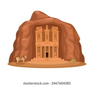 Petra Aka The "Rose City" Jordan Famous Landmark Cartoon Illustration Vector