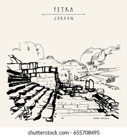 Petra Historical Site, Jordan, Middle East. Ancient Roman Architectural Ruins. Vintage Artistic Hand Drawn Postcard, Poster, Calendar Or Book Illustration In Vector