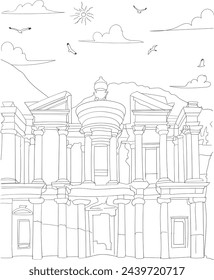 Petra, Jordan - The Treasury line art drawing for kids and adults coloring book