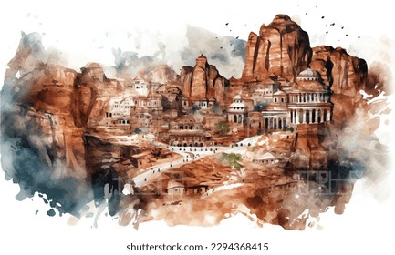 Petra Jordan watercolor painting white background.