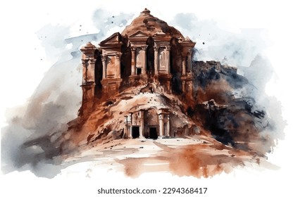 Petra Jordan watercolor painting white background.