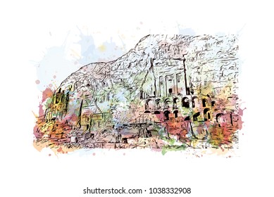 Petra in Jordan. Watercolor splash with Hand drawn sketch illustration in vector.