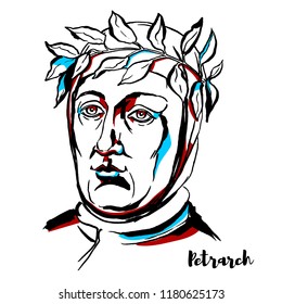 Petrarch engraved vector portrait with ink contours. Poet of Renaissance Italy who was one of the earliest humanists.