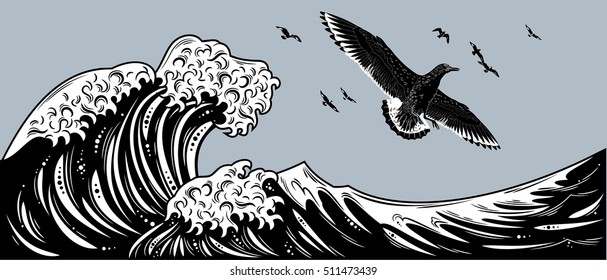 Petrel in the sky over the sea waves