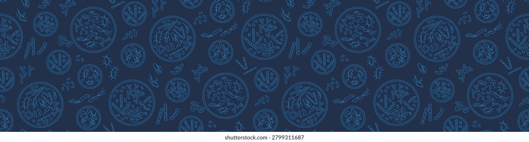 Petri dish bacteria seamless pattern for microbiology, healthcare and education use, Vector Illustration, blue line art repeat with laboratory microbes on white background.