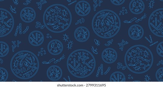 Petri dish bacteria seamless pattern for microbiology, healthcare and education use, Vector Illustration, blue line art repeat with laboratory microbes on white background.