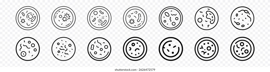 Placa de Petri com ícone de cultura bacteriana representando pesquisa de microbiologia, testes laboratoriais, crescimento de germes, experimento científico e análise biológica em campos médicos e científicos, ícone de germes