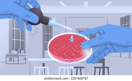 petri dish with beef steak cultured raw red meat made from animal cells artificial lab grown meat production concept