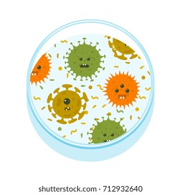 Petri dish with cartoon microbes. Bacteria and virus microbiology, vector illustration