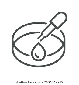 Petri Dish and Dropper Icon. Minimal Outline Illustration of a Droplet in a Petri Dish, Representing Microbiological Culture, Laboratory Analysis, and Scientific Research in Medical Testing.