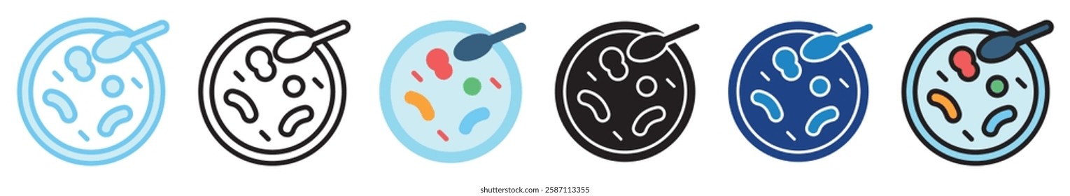 Petri Dish multi style, mini illustration icon. outline, flat, glyph, line color, UI, UX, app and web, digital or print. For education, research, chemistry.