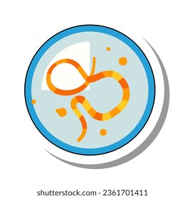 Petri dish with parasitic worm flat paper sticker icon. Study of dangerous microorganisms, bacteria and viruses to prevent spread of diseases isolated on white background. Biology, science concept
