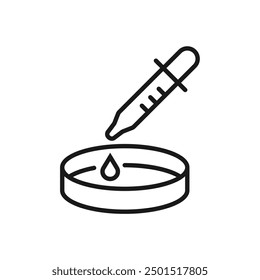 Petri dish with a pipette - line icon, editable stroke. Simple outline laboratory symbol. Lab vector illustration.