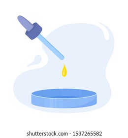 Petri dish with pipette yellow liquid drop. Chemical laboratory tools for microbiology research tests. Biotechnology science lab equipment. Dripping serum essence with a dropper. Vector illustration.