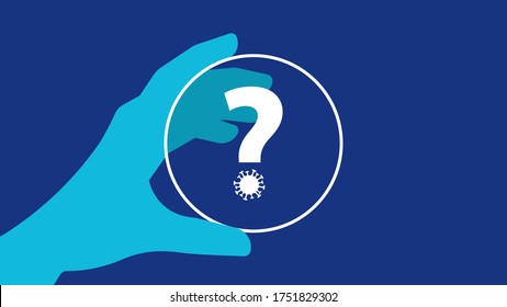 Petri dish with a question mark. The concept of vaccine, research, testing and drug search. Vector illustration of a scientist's hand with laboratory equipment.