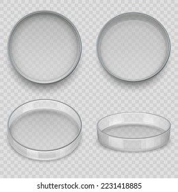 Petri dish. Realistic transparent dishes for lab experiments medical pharmacy vessel for analysis decent vector template