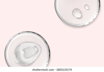 Petri dishes with cosmetic smear and drops isolated realistic vector illustration on pink background with copy space. Concept laboratory tests and research