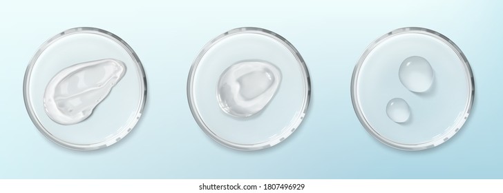 Petri dishes with cosmetic smudge and drops isolated realistic vector illustration on blue background. Concept of laboratory science. Transparent smears aloe vera gel and spots of serum 