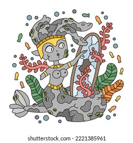Petrified medusa gorgon. Mythology greek creature. Ancient monster woman. Serpent girl with mirror under water. Colorful fantasy poster. Funny cartoon vector illustration. Isolated on white