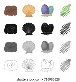 Petrified trail, prehistoric sea shell, dinosaur eggs, fern branch. Dinosaurs and prehistoric set collection icons in cartoon black monochrome outline style vector symbol stock illustration web.