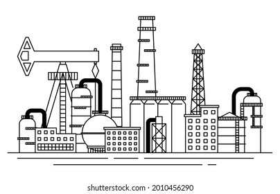 Petrochemical Industry Architecture Factory Concept Contour Linear Style. Vector illustration of Lineart Exterior Building and Pipeline