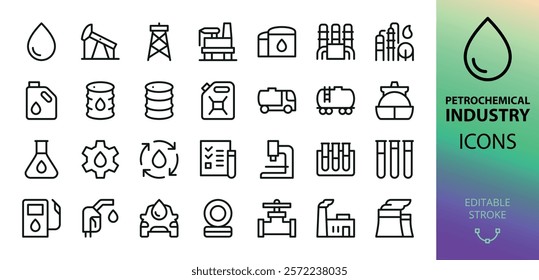 Petrochemical industry line icons set. Set of crude oil, petrochemical plant, barrel, storage tank, refinery, fuel, production, extraction, petroleum vector symbol with editable stroke