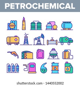Petrochemical Industry Vector Thin Line Icons Set. Petrochemical Product, Oil, Petroleum Production Linear Pictograms. Oil-derrick, Gas Station, Petrol Storage and Transportation Contour Illustrations