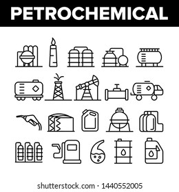 Petrochemical Industry Vector Thin Line Icons Set. Petrochemical Product, Oil, Petroleum Production Linear Pictograms. Oil-derrick, Gas Station, Petrol Storage and Transportation Contour Illustrations
