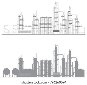 Petrochemical Plant Complex The Upstream Of Plastic Including Various Cracking Towers And Spherical Tanks In Flat Vector Illustration